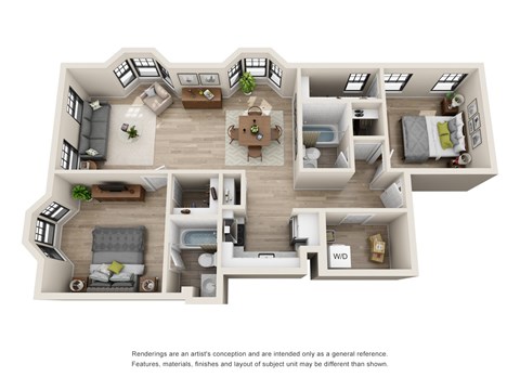 A 3D floor plan of a house with labeled rooms.